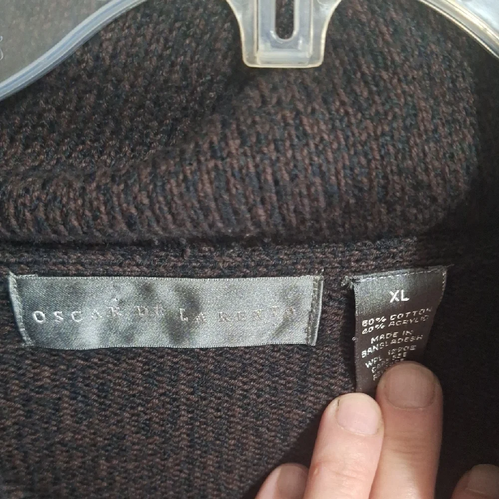 Oscar de la Renta Pullover Sweater-Button Shawl Collar-XL-Brown Cotton